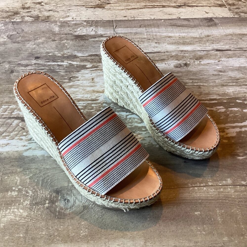 Dolce Vita Striped Canvas Espadrille Wedge Slides in Cream, Black & Coral